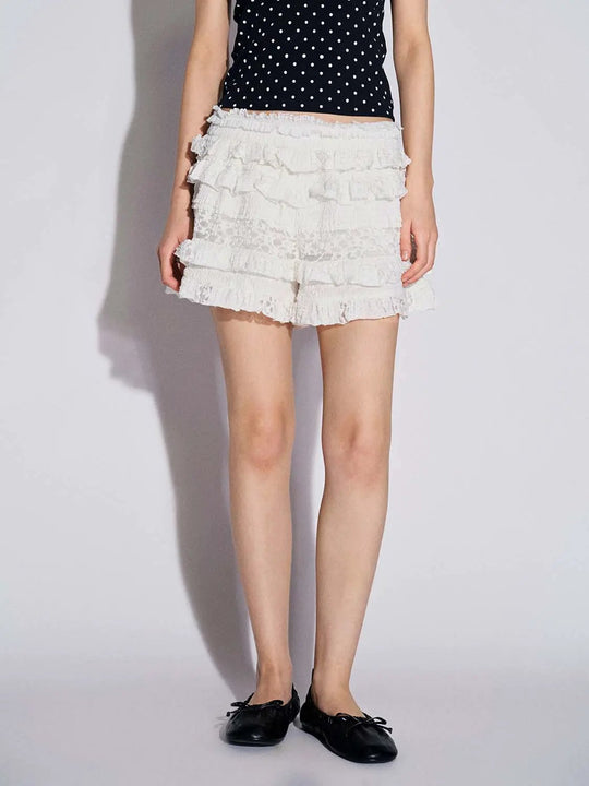 White Cotton Tiered Lace Ruffle Pull On Shorts