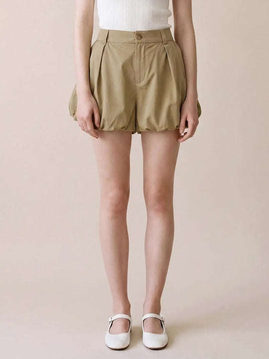 Cotton Blend Pleat Detail Balloon Hem Shorts