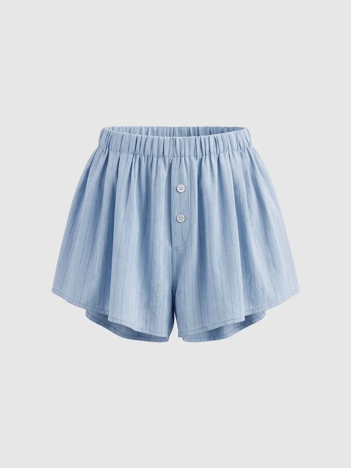 Light blue striped Lyocell linen blend shorts with elastic waistband and front buttons, Urban Revivo Fashion.