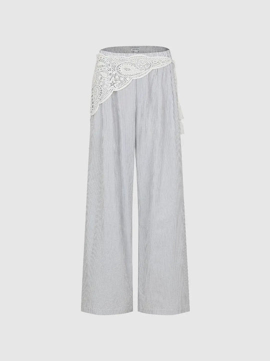 Cotton Striped Wide Leg With Lace Overlay Pants