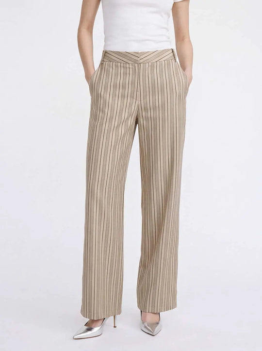 Textured Striped Beige Wide-leg Cotton Pants