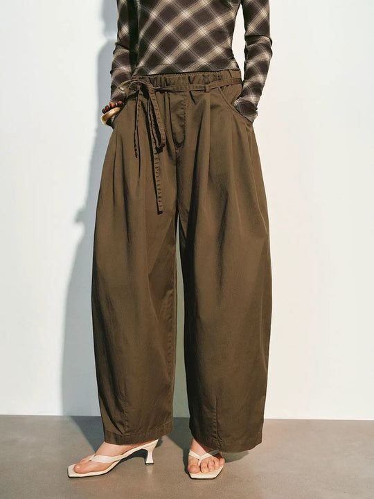 Barrel Belted Wide-leg Soft Washed Cotton Pants