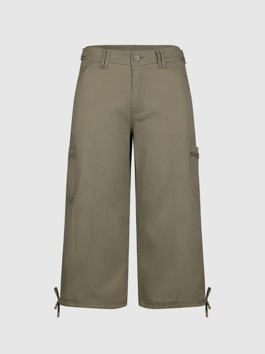 Cotton Wide-leg Cargo Pants Button Front Tie Hem