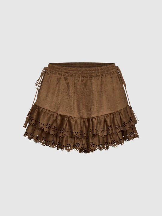 Layered Eyelet Ruffle Drawstring Waist Mini Skort