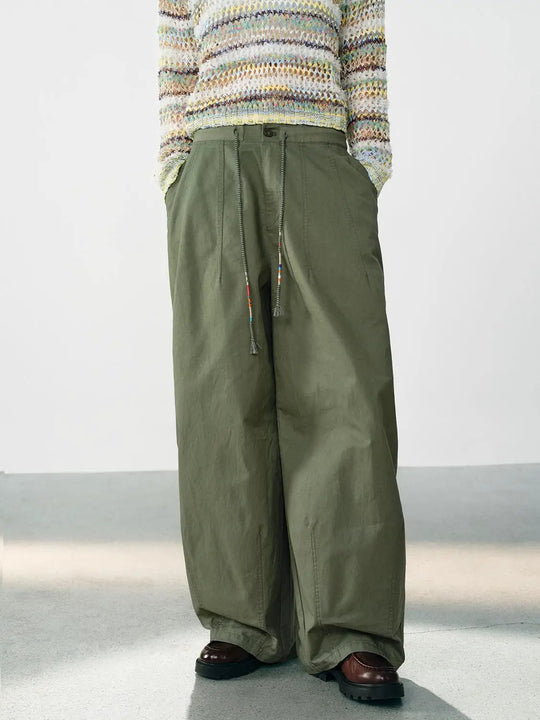 Pantalon cargo décontracté en coton à jambes larges et cordon de serrage