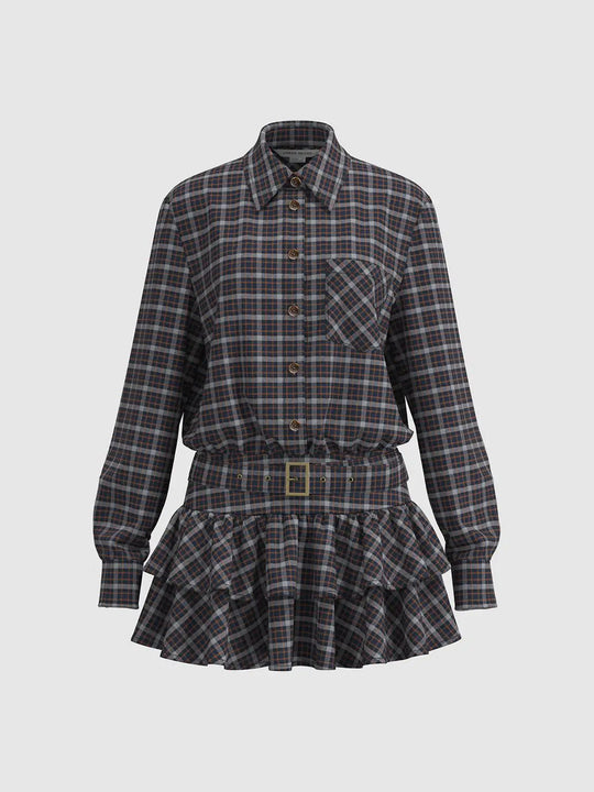 Shirt Collar Long Sleeve Tie Waist Ruffle Hem Plaid Dress