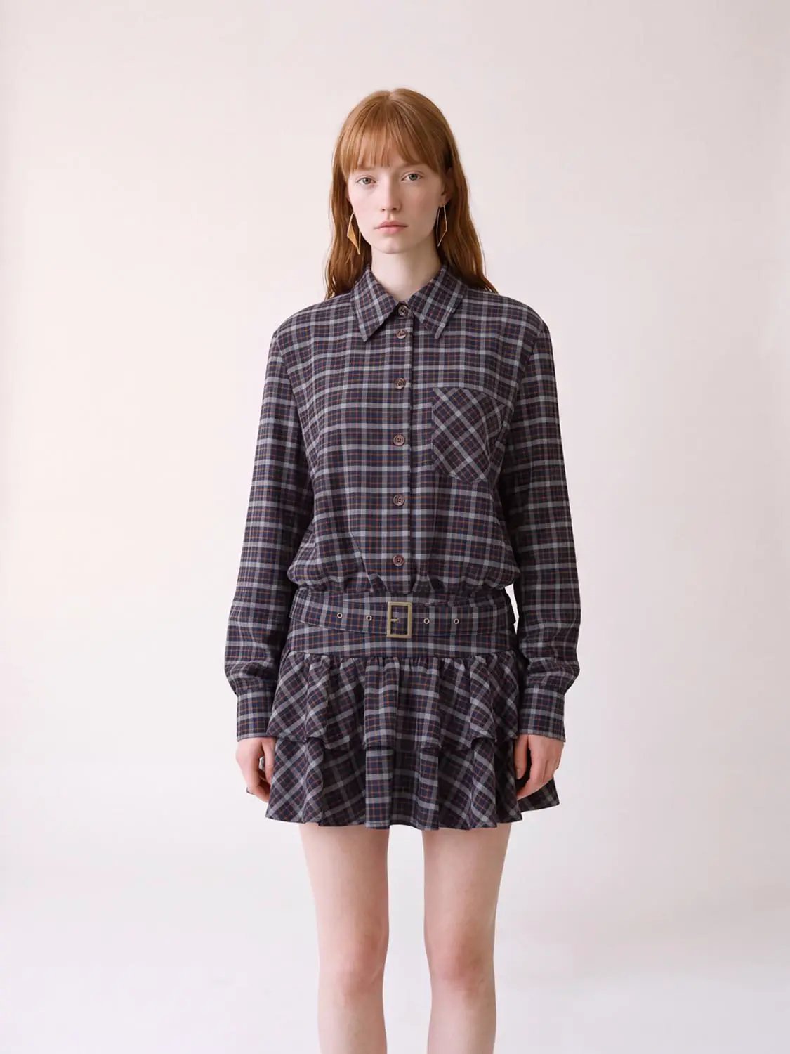 Shirt Collar Long Sleeve Plaid Dress with tie waist and ruffle hem, navy plaid by Urban Revivo Fashion