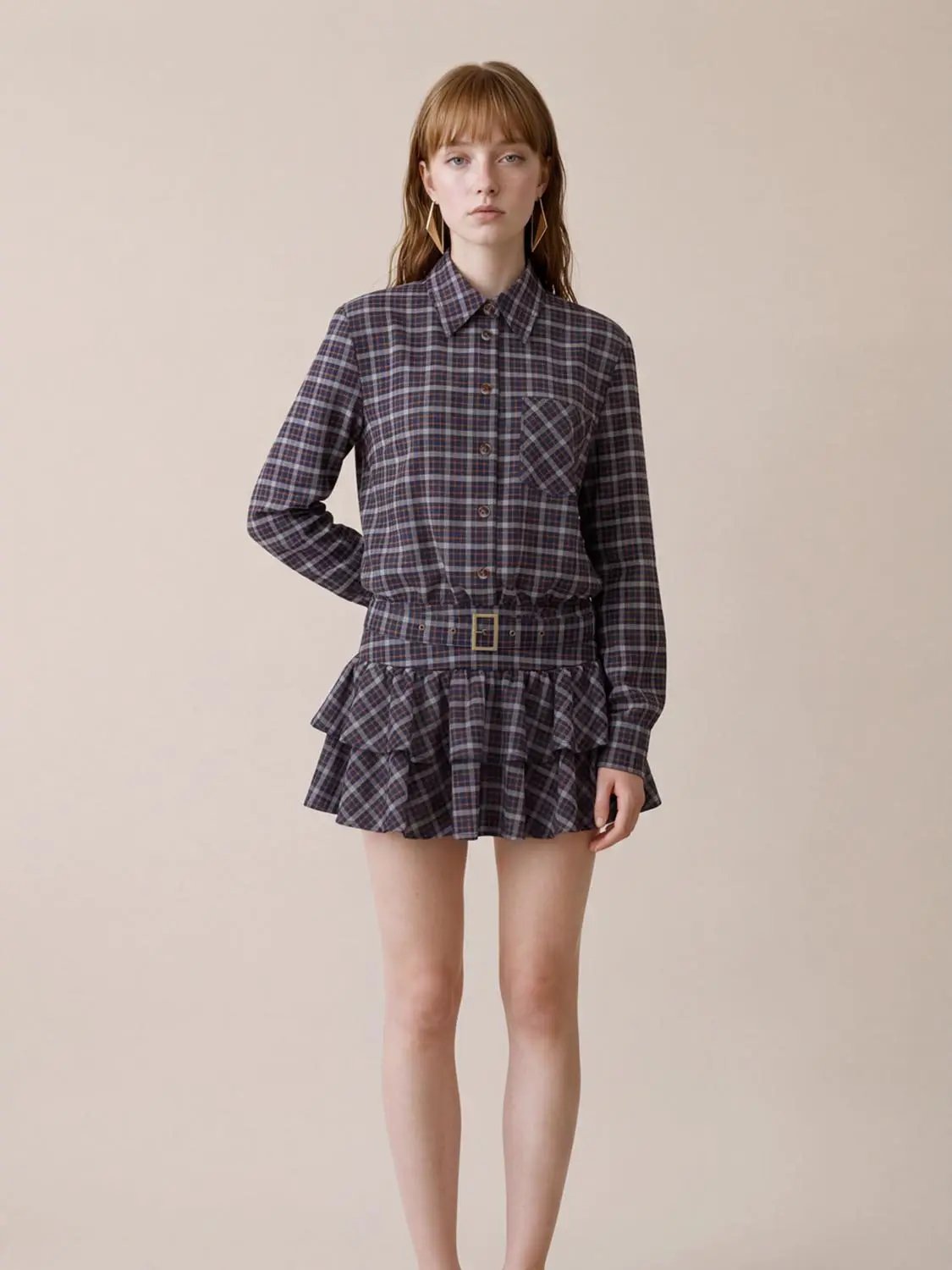 Plaid shirt-collar dress with long sleeves, belted waist, navy, and ruffled hem by Urban Revivo.