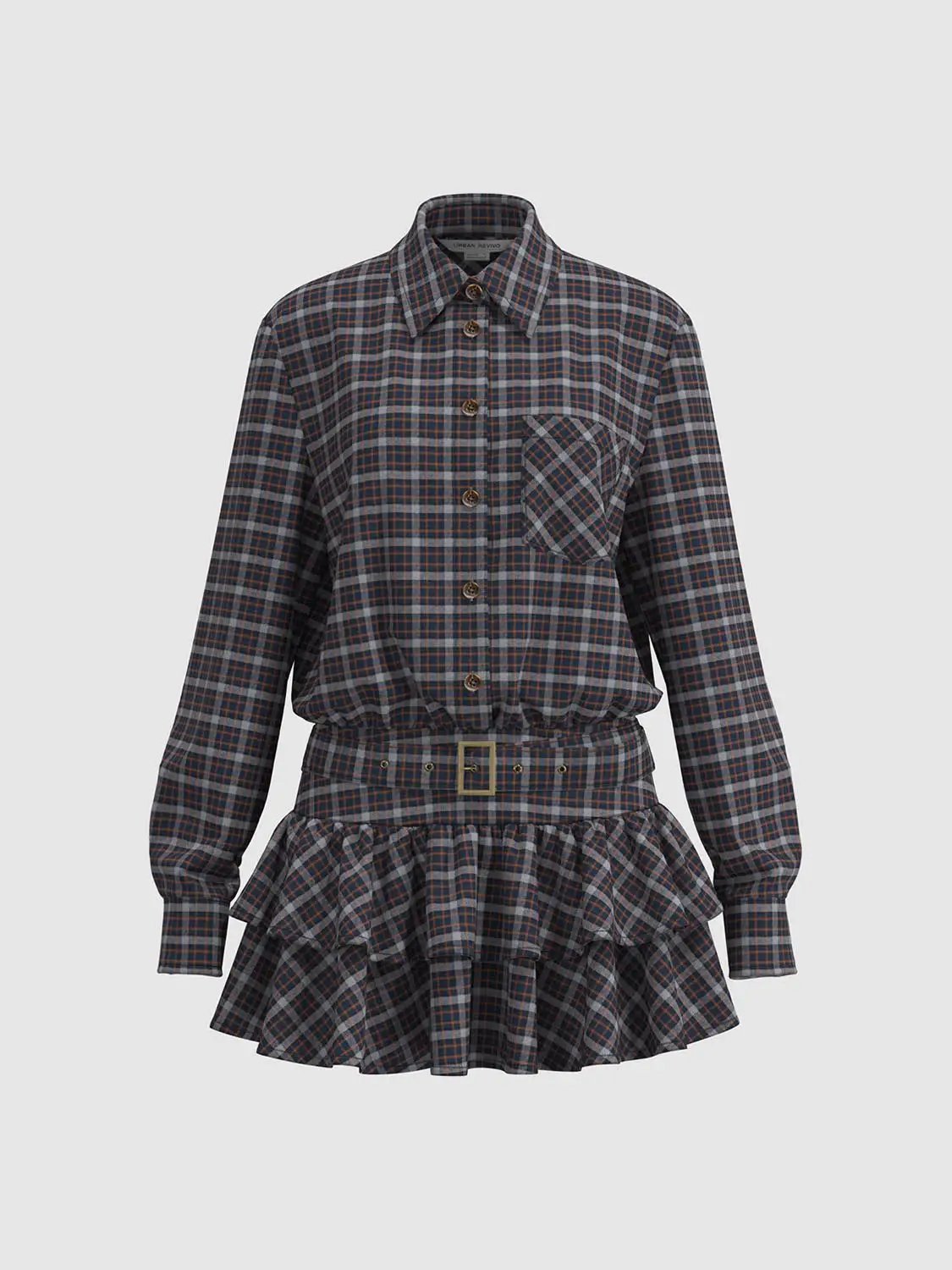 Shirt-collar long-sleeve plaid dress with tie-waist belt and ruffled hem in navy and brown plaid.