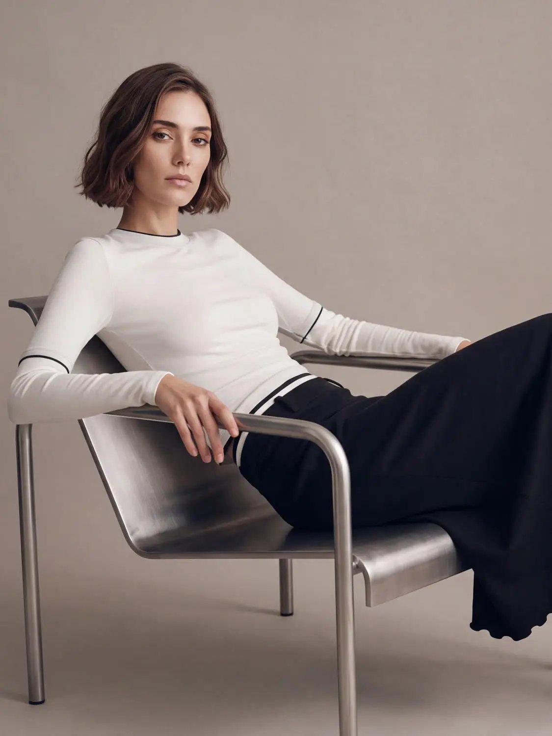 2-In-1 Contrast Trim Crew Neck Long Sleeve Slim Knit Top, white with black trim.