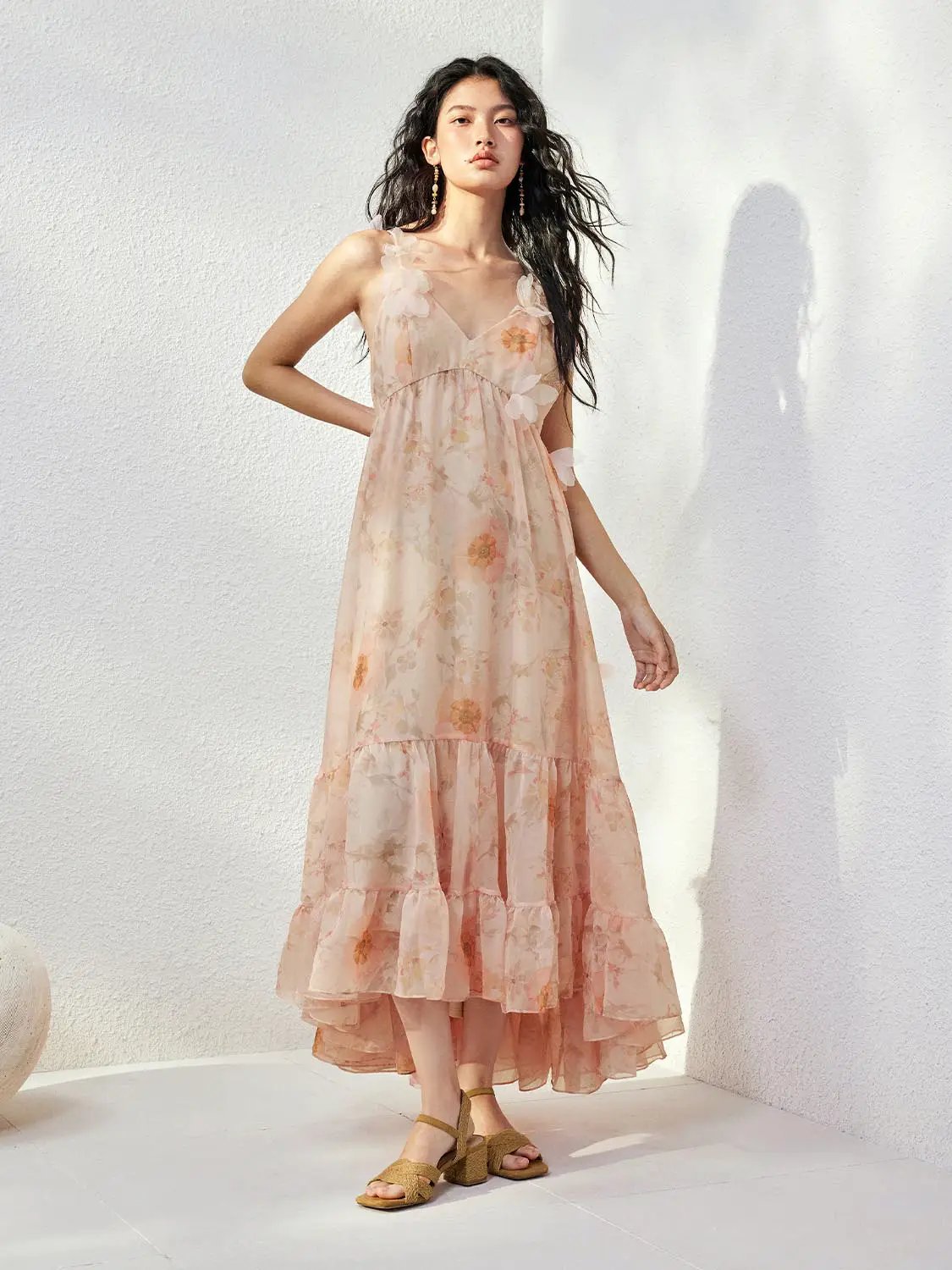 Floral Decor A Line Maxi With Soft Pastel Bloom Print Dress, Pink Orange Print / XL