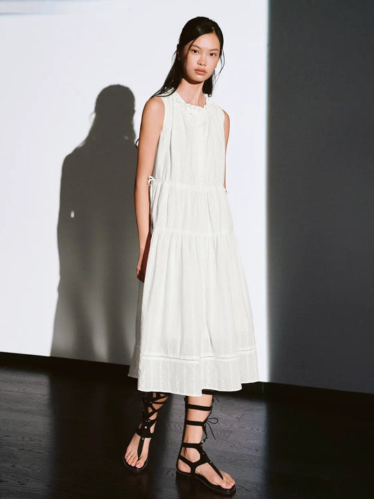 Cotton Frill Neck Sleeveless Tiered A Line Midi Dresses