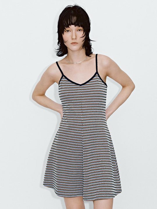 Lace Detail Strappy Check A-Line Midi Dresses