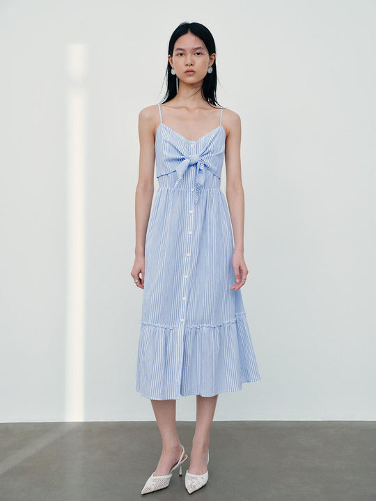 Button Detail Striped Strappy A-Line Dresses