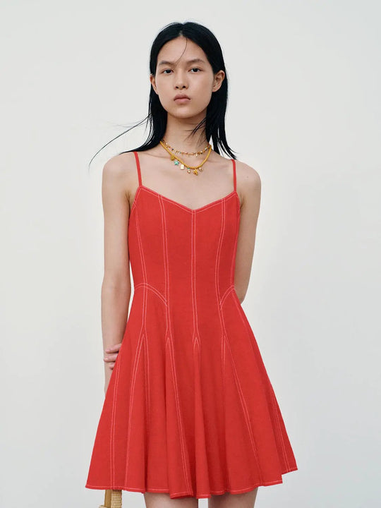 Elegant Linen Blend Seamed A-Line Midi Dress
