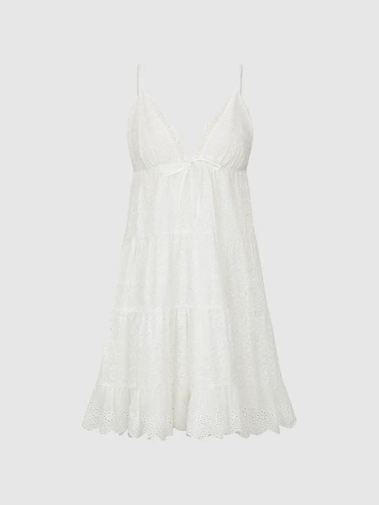 Eyelet Tiered Ruffle Sleeveless V-Neck Tie Waist Cotton Dress