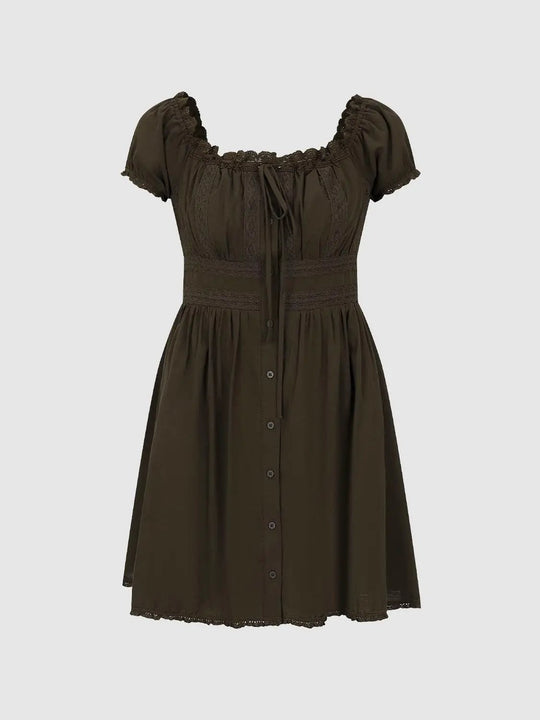 Olive Cotton Puff Sleeve Shirred Lace A-Line Midi Dresses