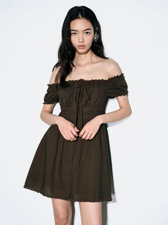 Olive Cotton Puff Sleeve Shirred Lace A-Line Midi Dresses