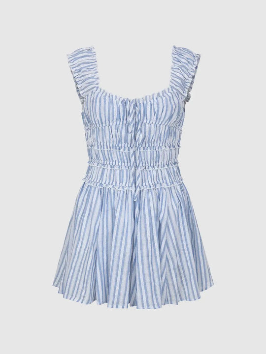 Ruched Striped Square Neck Sleeveless Mini Cotton Dress