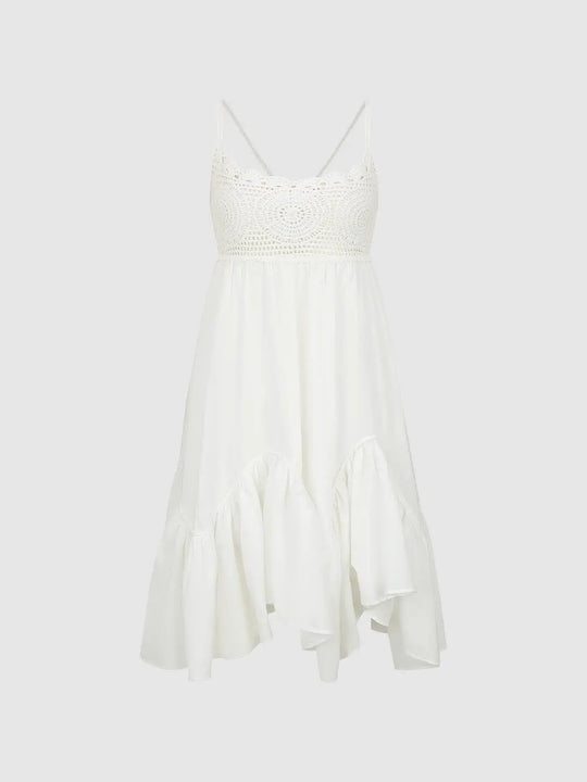 Cotton Crochet Lace Bodice Flowy A-Line Midi Dresses