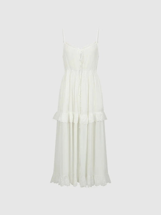 Elegant Lace Trim Strappy A Line Midi Dresses For Everyday Wear