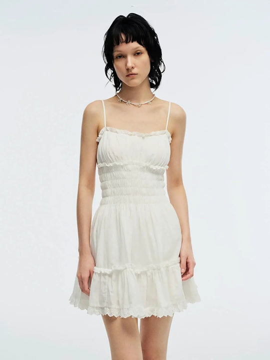 Cotton Smocked Lace Trim Tiered With Spaghetti Straps Mini Dresses