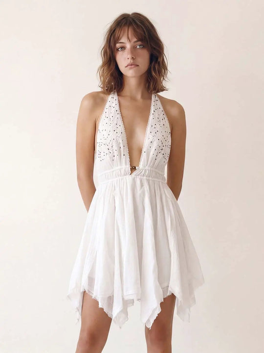 Embroidered A-Line V-Neck Sleeveless Mini Cotton Dress