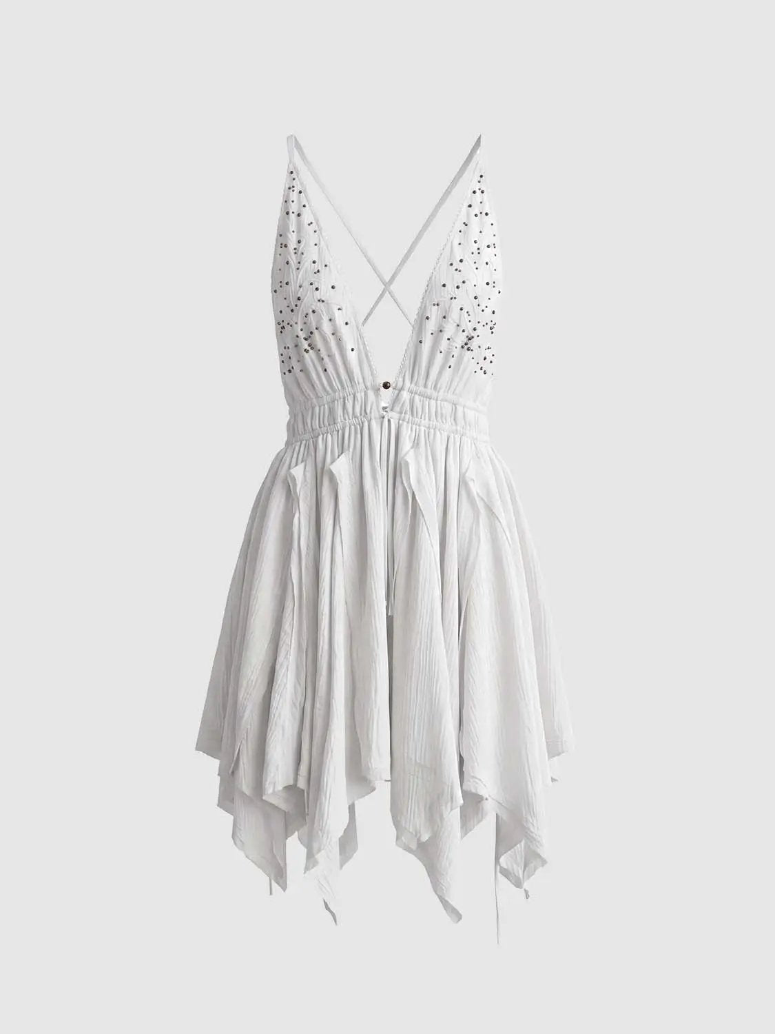 White A-line dress with cross-back straps, sequin bodice, elastic waist, and flowy hem by Urban Revivo Fashion.