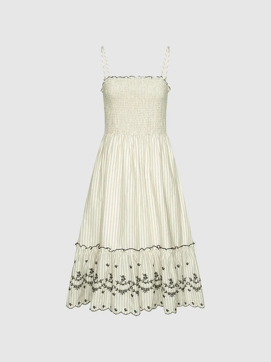 Cotton Smocked Bodice Floral Embroidered Hem Strappy Midi Dress