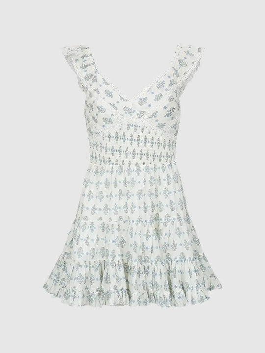 Cotton Floral Print Smocked Waist Tiered A-Line Mini Dress