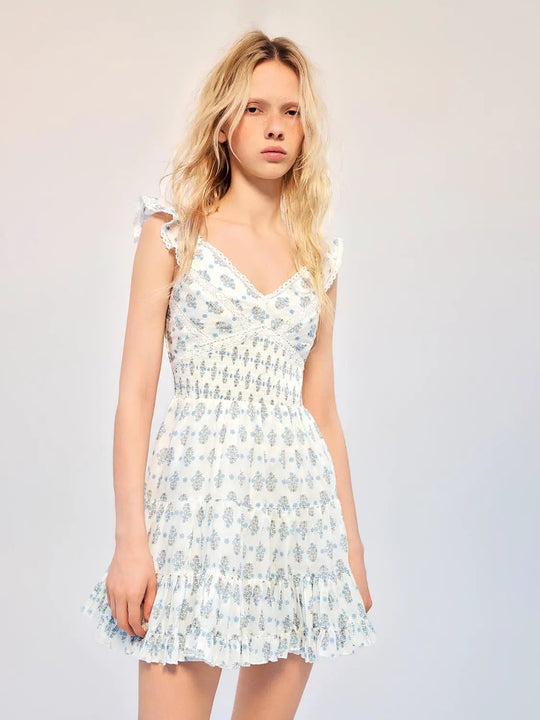 Cotton Floral Print Smocked Waist Tiered A-Line Mini Dress