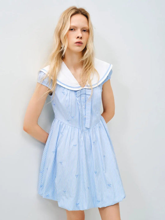 Sailor Collar Vertical Stripe A-Line Cotton Midi Dress