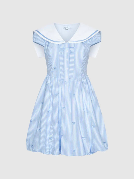 Cotton Sailor Collar Vertical Stripe A-Line Midi Dress