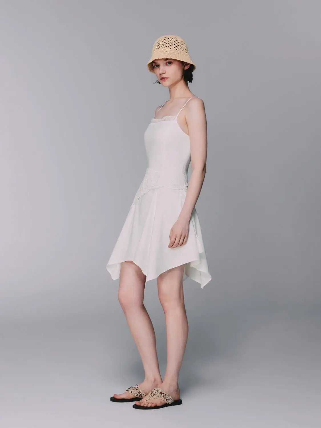 A-line spaghetti-strap linen blend dress in ivory with lace trim and asymmetrical hem