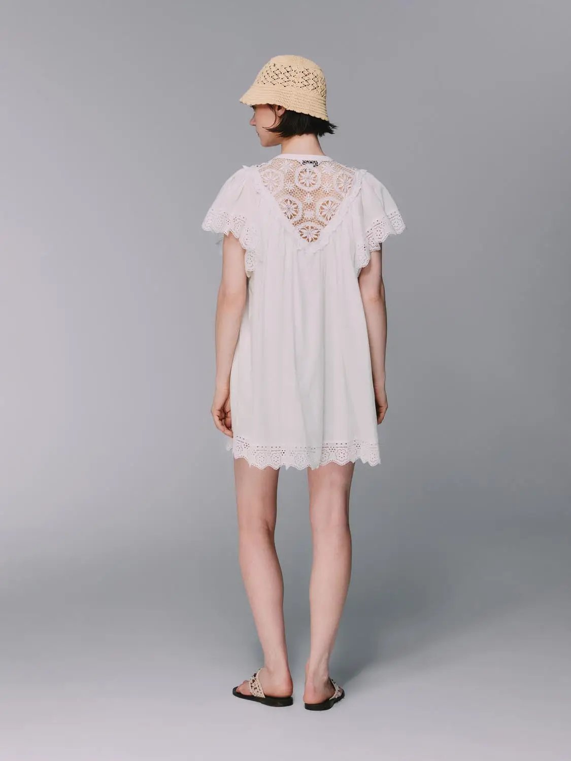 Cotton Lace Collar Dress with cuffed sleeves, white scalloped hem and lightweight lining
