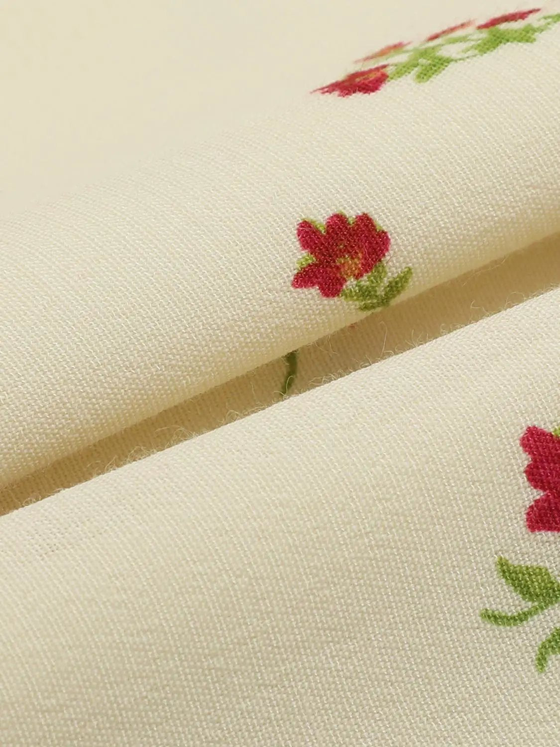 A-Line Dress by Urban Revivo Fashion; cream fabric with red floral embroidery