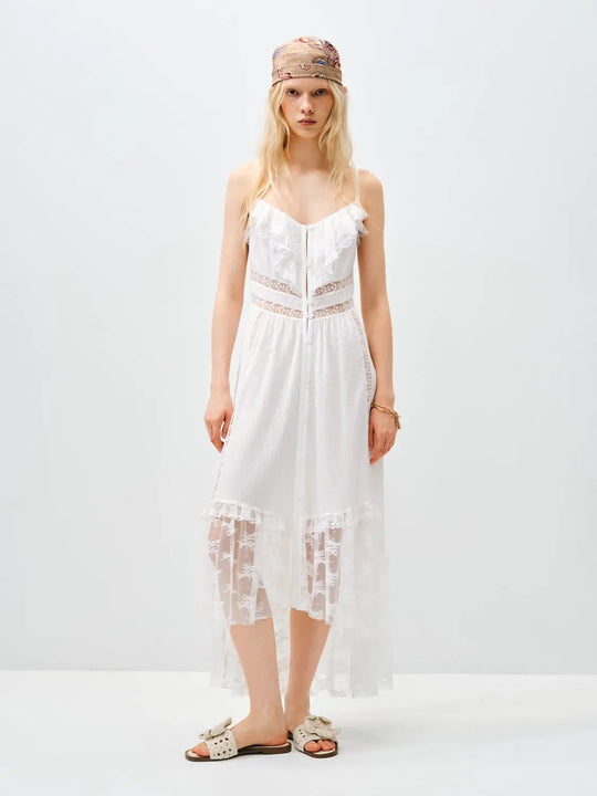 A-line Lace Trim Cotton Dress With Sheer Hem