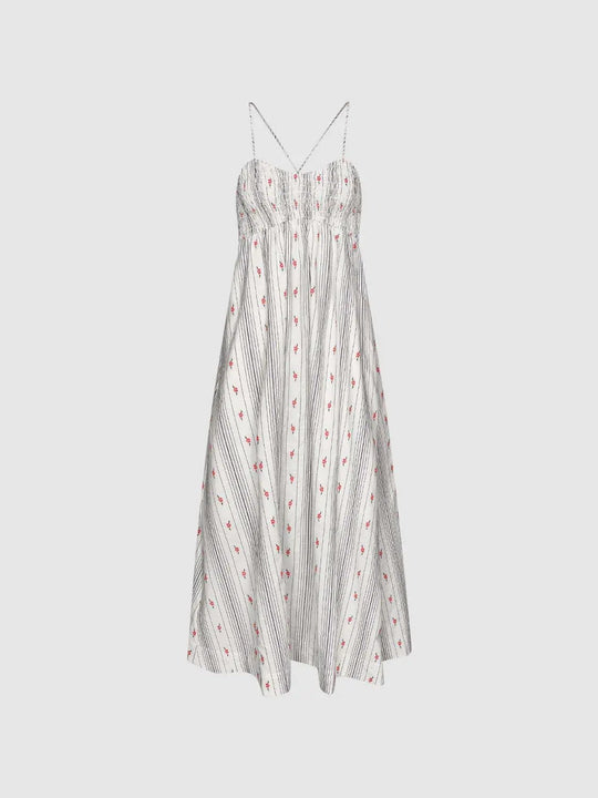 100% Cotton Striped Embroidered Shirred Bodice With Vertical Stripes And Floral Motifs Midi Dress