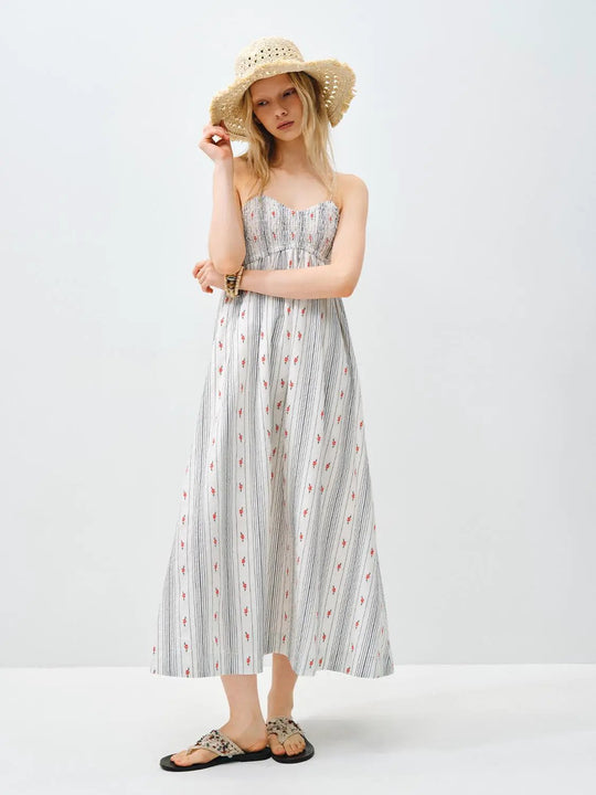 100% Cotton Striped Embroidered Shirred Bodice With Vertical Stripes And Floral Motifs Midi Dress