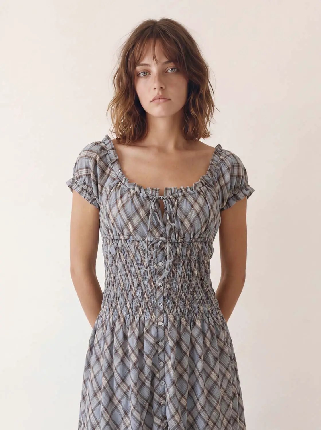 Dress, blue plaid A-line with smocked waist and short puff sleeves, Urban Revivo Fashion
