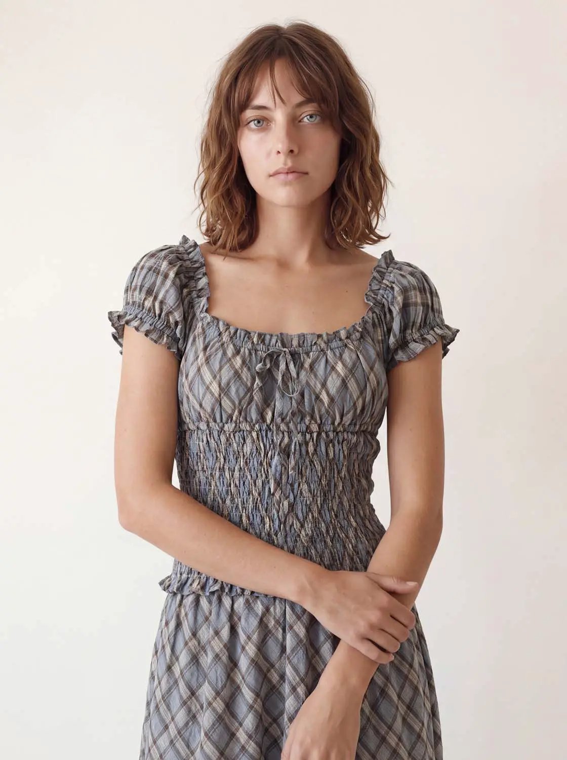 Urban Revivo Fashion A-Line dress in blue-gray plaid with shirred waist and puff sleeves