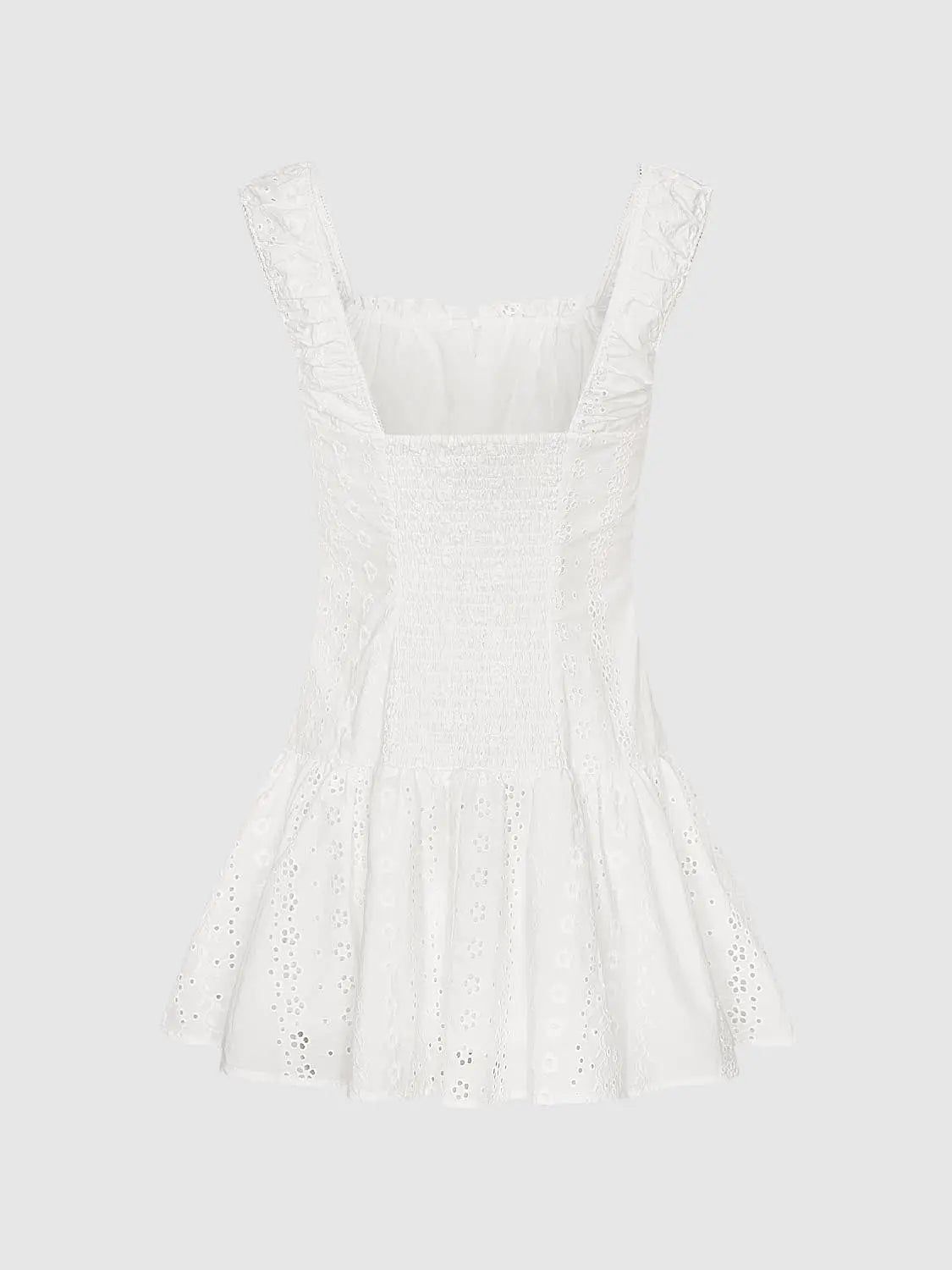 A-Line Dress in white with eyelet embroidery, smocked bodice and wide straps