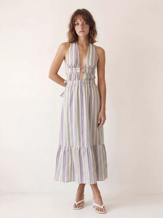 Striped V-neck Sleeveless Ruffle Maxi Dress