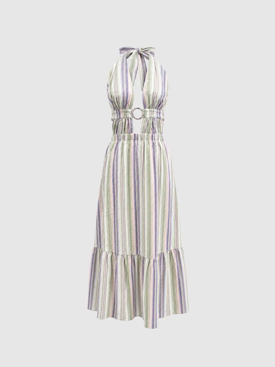 A-Line halter dress with pastel striped pattern in purple, green, and beige; waist belt with metal ring and tiered hem.