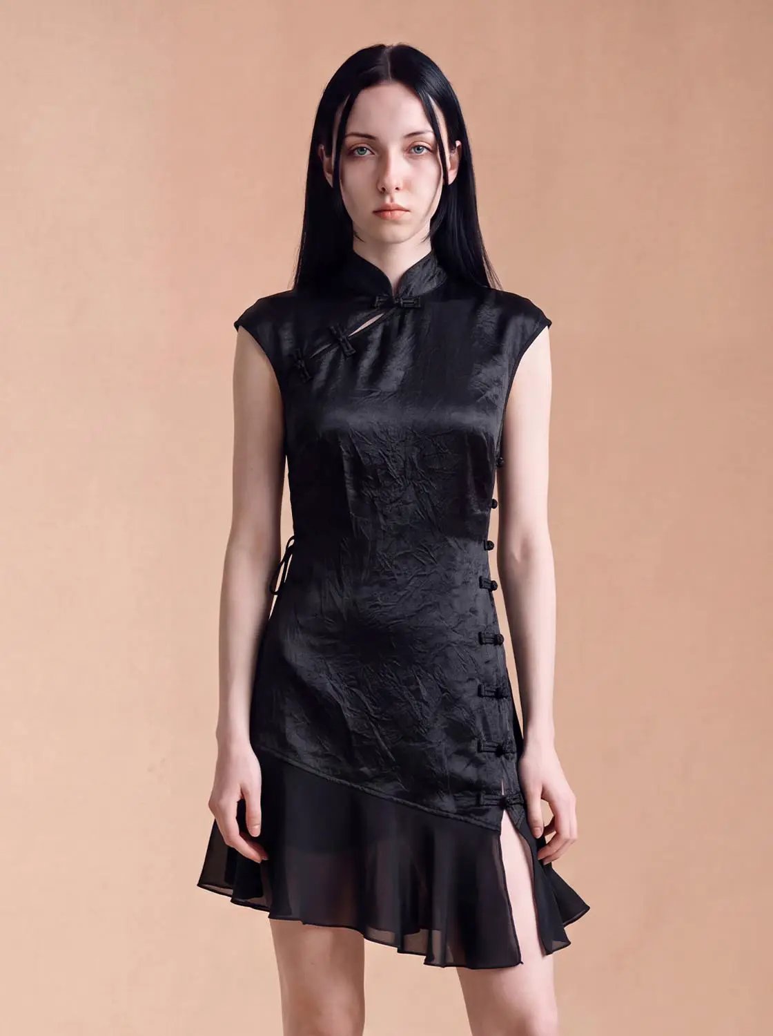 X-Line Dress, black satin skater dress by Urban Revivo Fashion with mandarin collar and side knot details