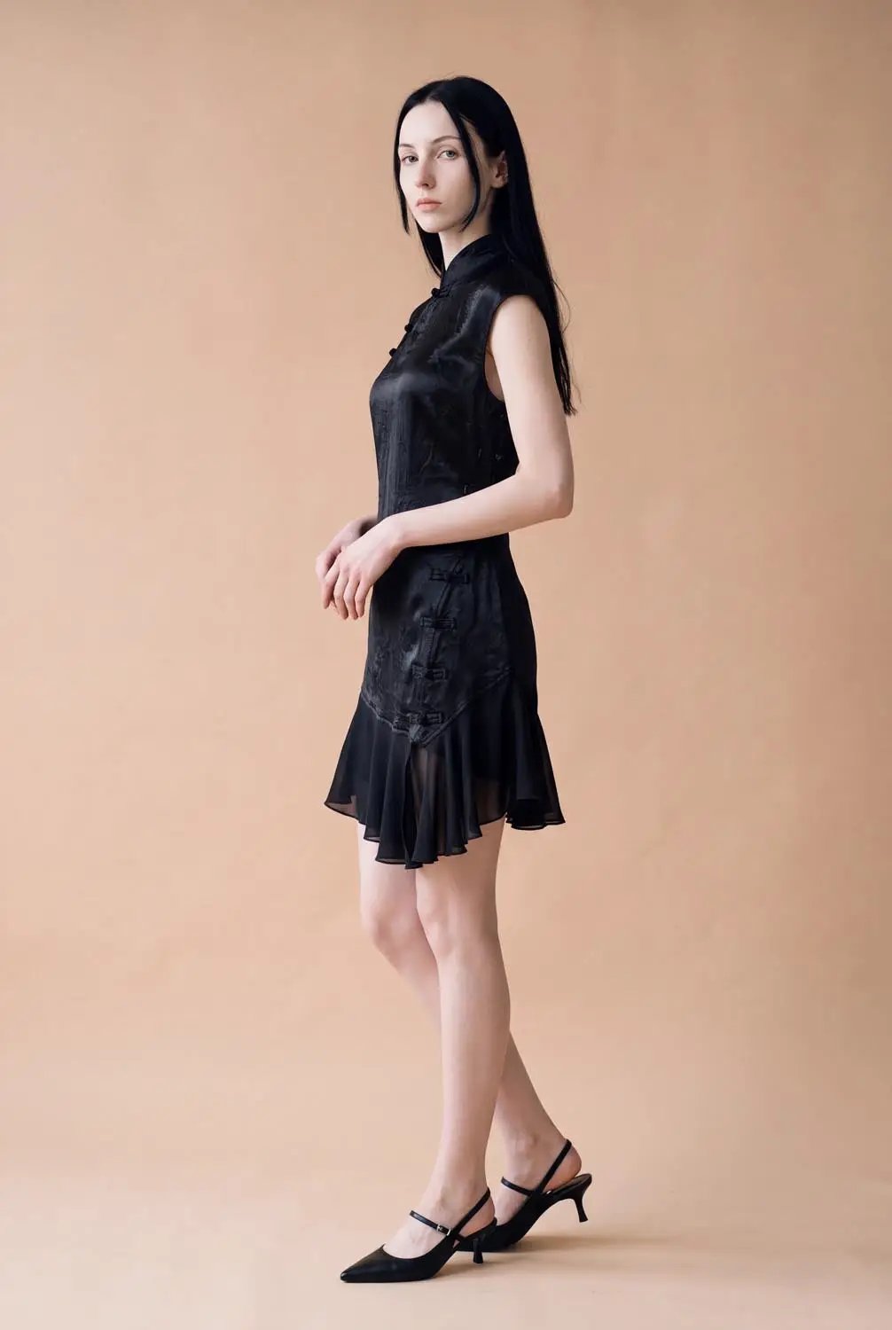X-Line Dress, black sleeveless skater dress with sheer pleated hem