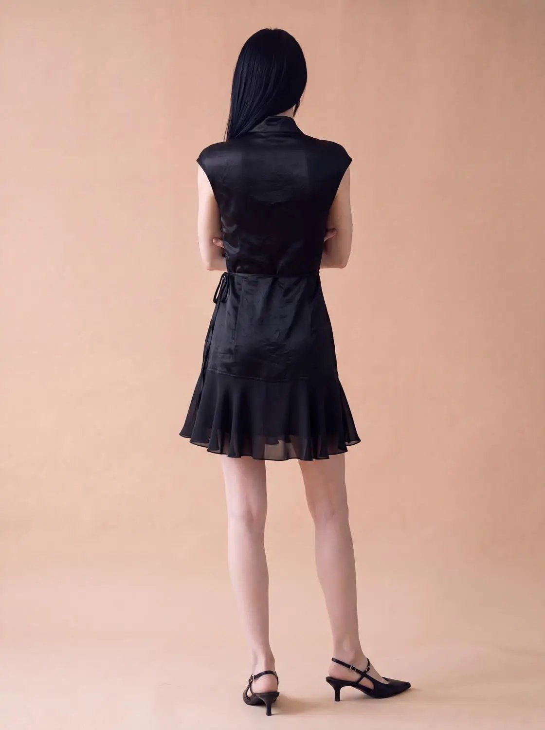 X-Line Dress, black satin sleeveless skater dress with waist tie and ruffled hem
