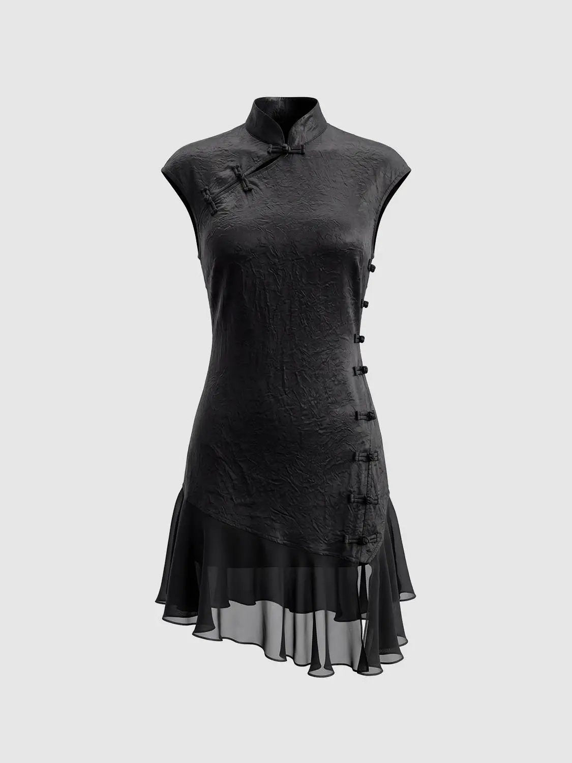 X-Line Dress by Urban Revivo Fashion; black crinkled satin with sheer layered hem and mandarin collar