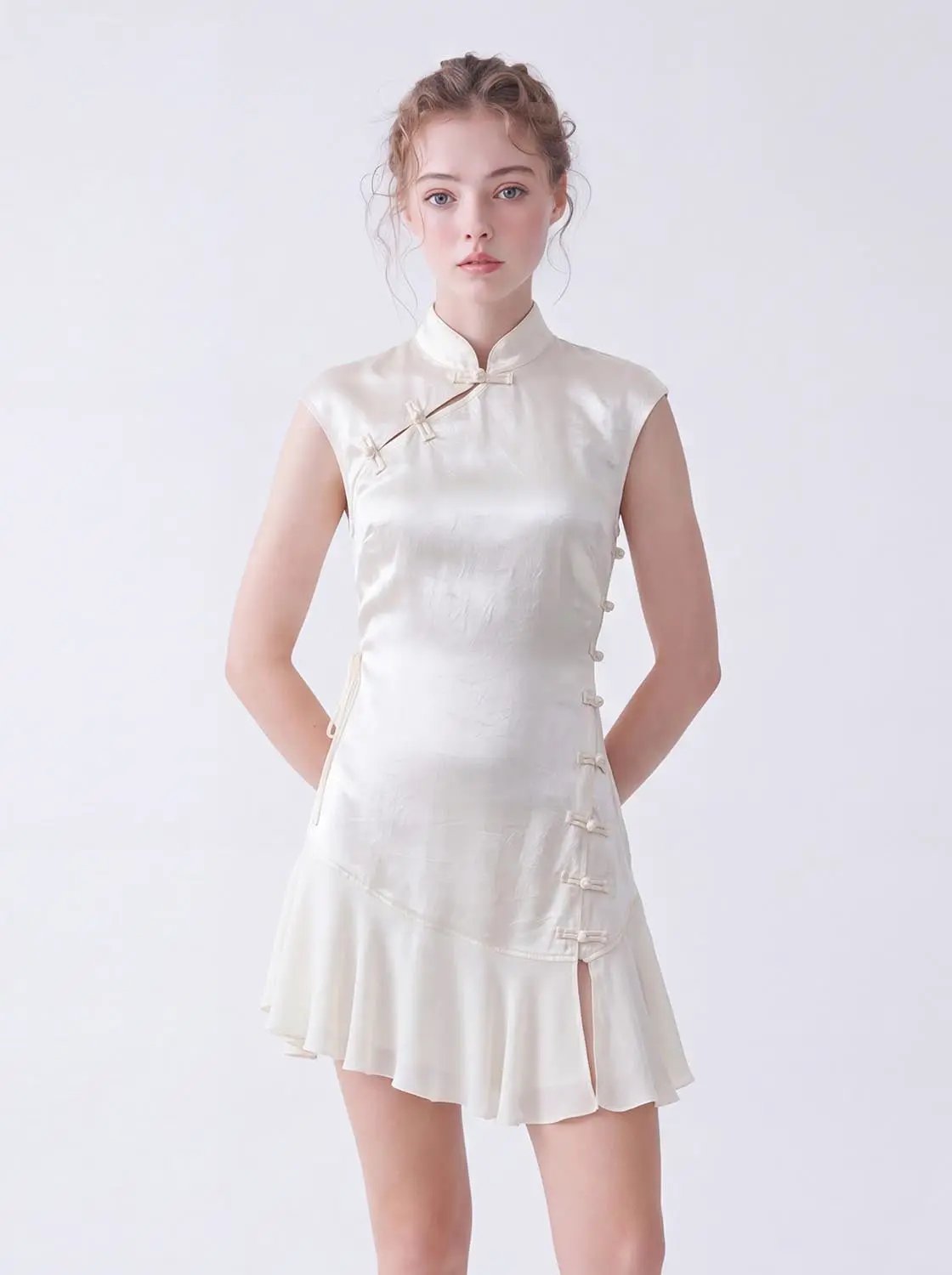 X-Line Dress by Urban Revivo Fashion, ivory satin skater dress with mandarin collar and side knot closures