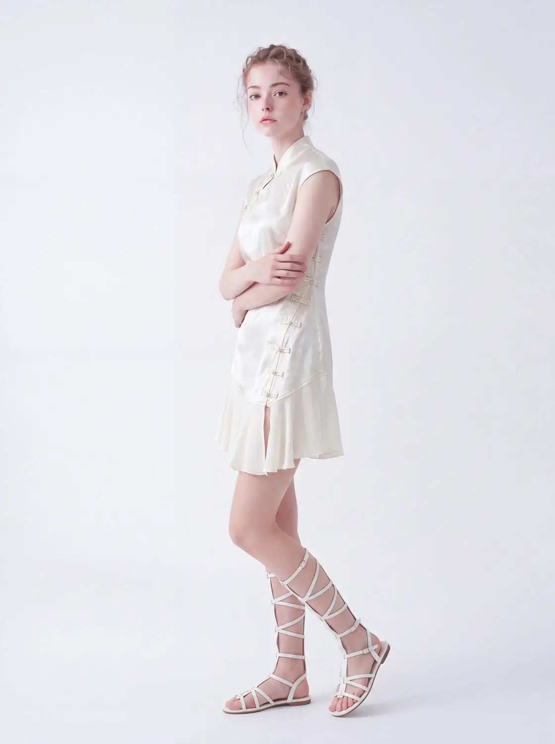 X-Line Dress, cream satin skater dress with side Chinese frog closures